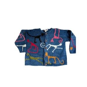 Toshy Made In Bolivia Amano Vintage Wool Hand Knit Blue Cat Cardigan Sweater